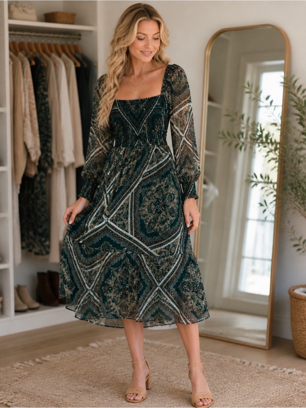 NWT APRICOT Boho Green Paisley Smocked Midi Dress Romantic Size 6